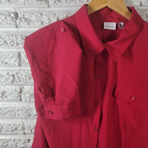Kim Rogers Women Top 3X Plus Roll Tab Sleeve Red Pockets Lightweight RED16E - Picture 5 of 9